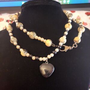 Handmade Yellow Serpentine w/ Black Onyx Beaded Necklace